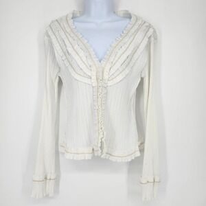 White Tan Fairy Romantic Regency Dainty Top Womens Small Pleated Ruffle V-Neck